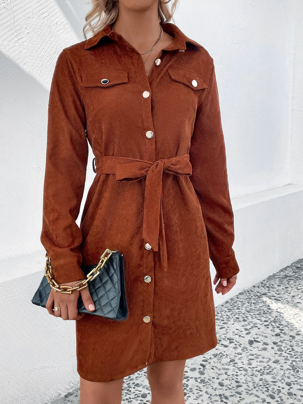 ZARA Ladies Corduroy Lapel Belted Dress Spring Autumn Winter Fashion